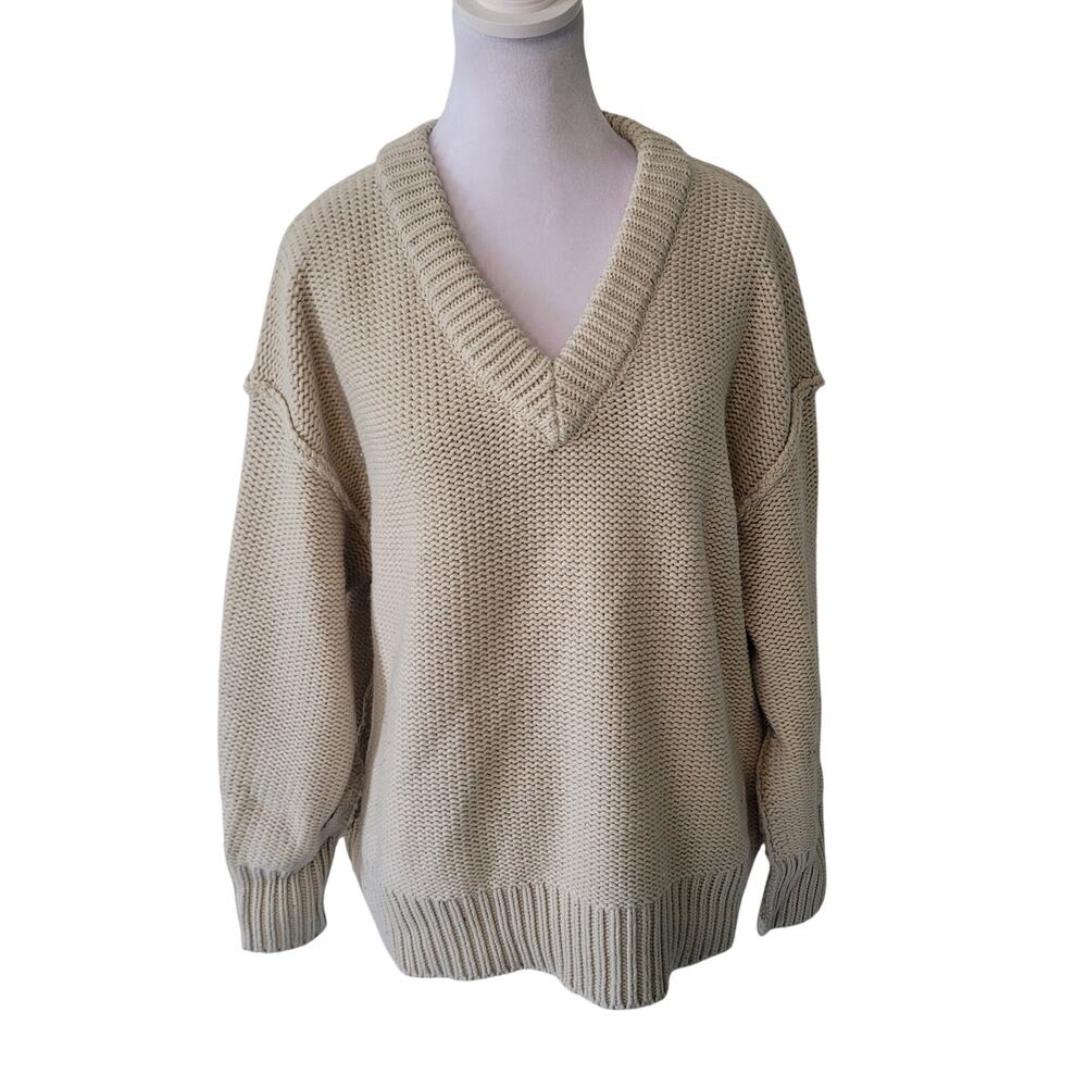 RDI‎ Size M Pullover Women Beige Exposed Seam V-Neck Ribbed Knit Sweater
